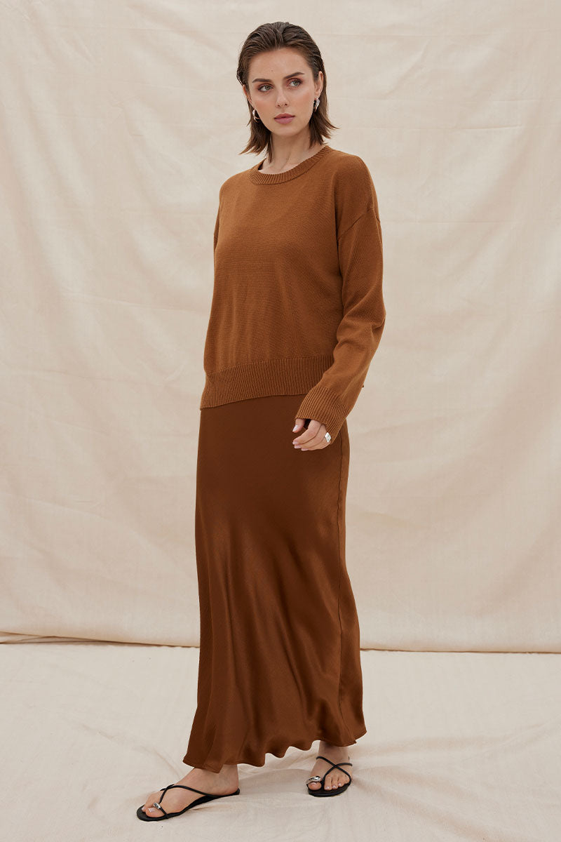 RHYME COMBO SLIP KNIT DRESS - CHOCOLATE