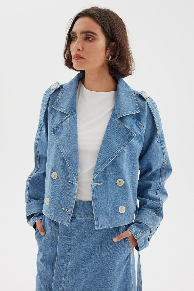 THEORY CROP DENIM TRENCH - BLUE